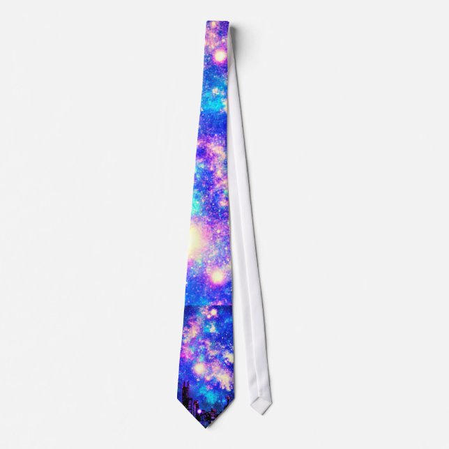 Comic Style City Skyline & Milky Way Space Design Tie (Front)