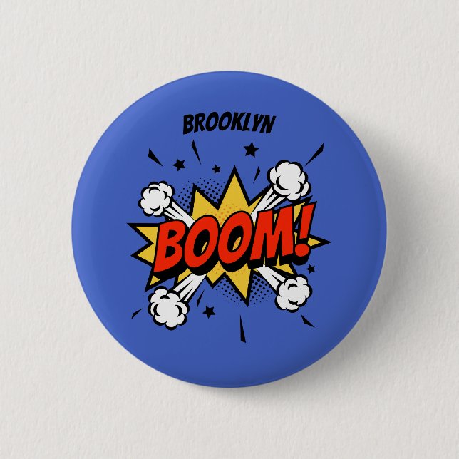 Comic style fun boom typography pop art 6 cm round badge (Front)