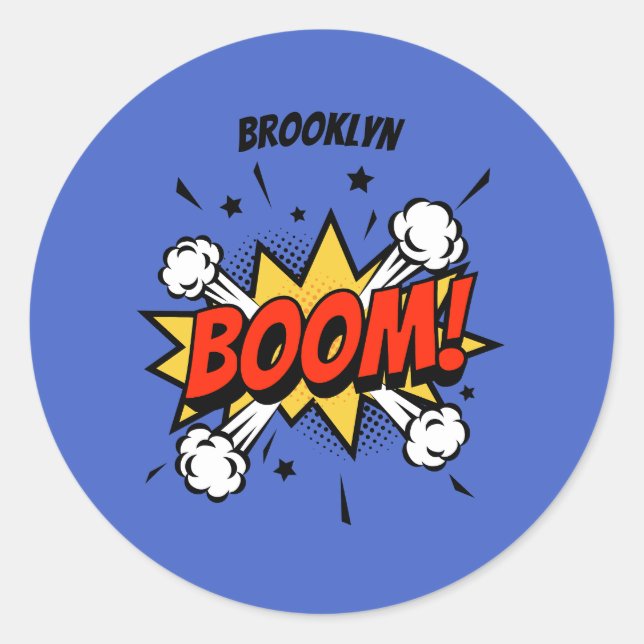 Comic style fun boom typography pop art classic round sticker (Front)