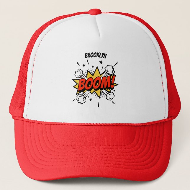 Comic style fun boom typography pop art trucker hat (Front)