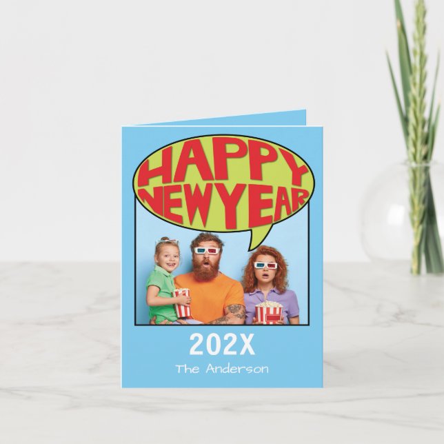 Comic Style Personalised Photo Happy New Year Card (Front)