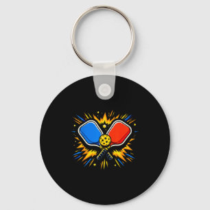 Comic style pickleball mode athlete sports red blu key ring