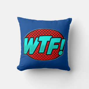 Comic Style Pop Art Retro Blue Aqua Red WTF Throw Cushion