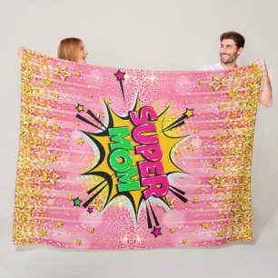 Comic Style Pop Art Retro Pink Gold Super Mum Fleece Blanket