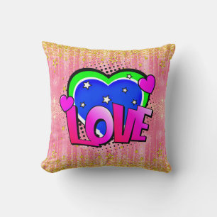 Comic Style Pop Art Retro Pink Mauve Green LOVE Cushion