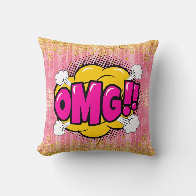 Comic Style Pop Art Retro Pink Orange Gold OMG Cushion (Front)