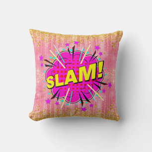 Comic Style Pop Art Retro Pink Yellow Gold SLAM Cushion
