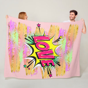 Comic Style Pop Art Retro Pink Yellow LOVE Rainbow Fleece Blanket