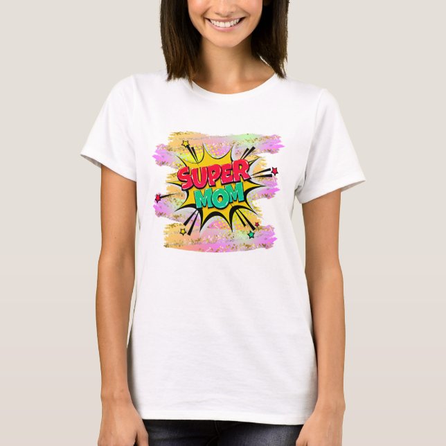 Comic Style Pop Art Retro Red Yellow SUPERMOM T-Shirt (Front)