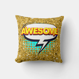 Comic Style Pop Art Retro Stars Pink AWESOME Text  Cushion