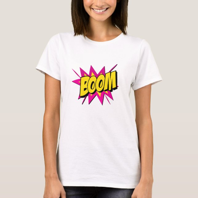 Comic Style Pop Art Retro Yellow Hot Pink BOOM T-Shirt (Front)