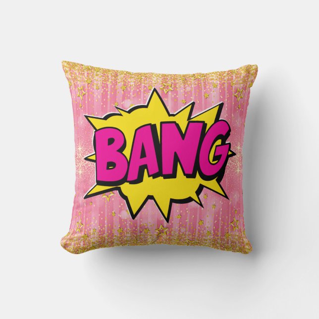 Comic Style Pop Art Retro Yellow Pink Gold BANG Cushion (Front)