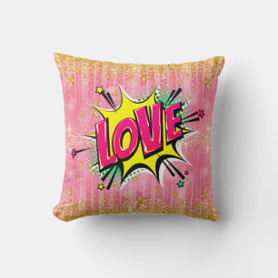 Comic Style Pop Art Retro Yellow Pink Gold LOVE Cushion