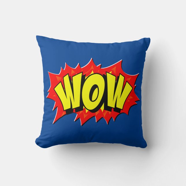 Comic Style Pop Art Retro Yellow Red Blue WOW Cushion (Front)