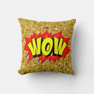 Comic Style Pop Art Retro Yellow Red Gold WOW      Cushion