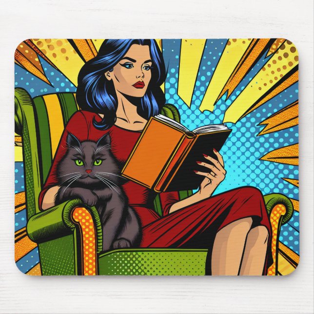 Comic Style Pop Art Woman Reading and Cat Mouse Mat (Front)