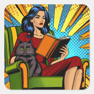 Comic Style Pop Art Woman Reading and Cat Square Sticker