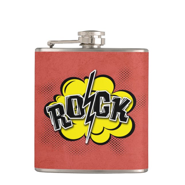 Comic style rock illustration hip flask (Front)
