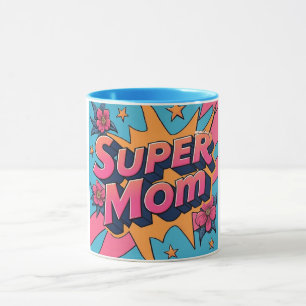 Comic Style Super Mum Flowers Stars Mothers Day  Mug