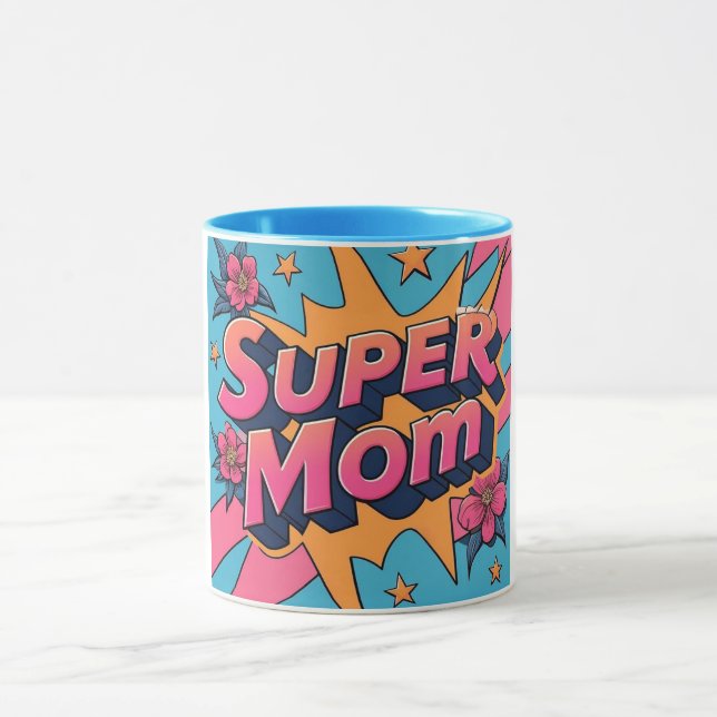 Comic Style Super Mum Flowers Stars Mothers Day  Mug (Center)