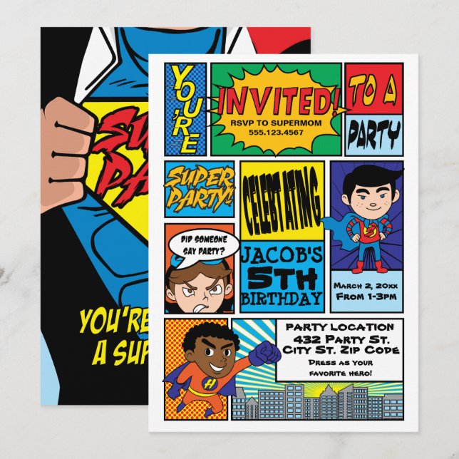 Comic Style Superhero Birthday Invitations (Front/Back)