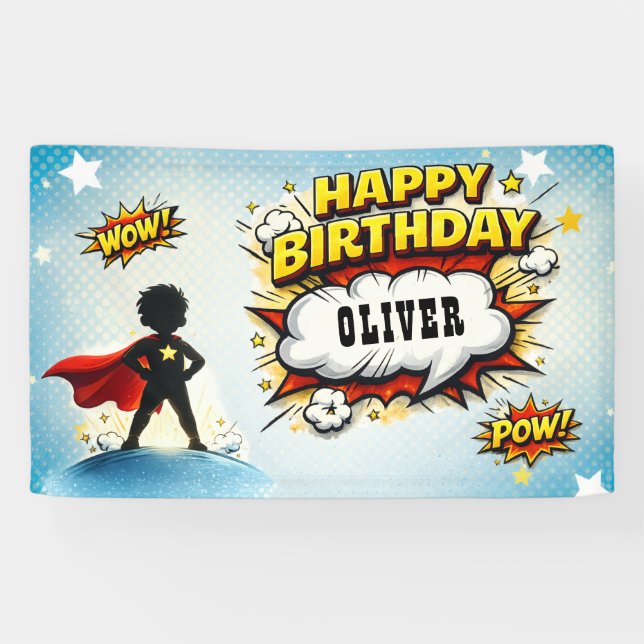 Comic Style Superhero Boy's Name Birthday Banner (Horizontal)