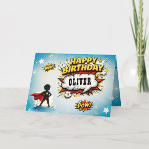 Comic Style Superhero Boy's Name Birthday Card