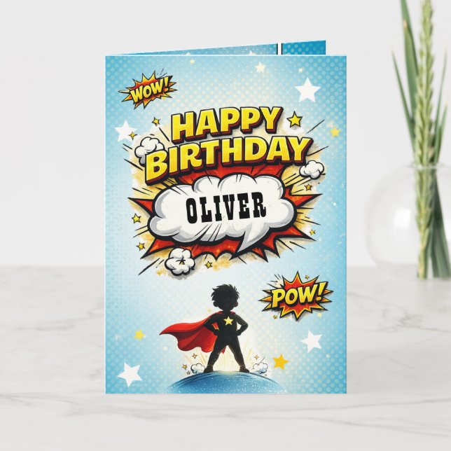 Comic Style Superhero Boy's Name Birthday Card (Front)