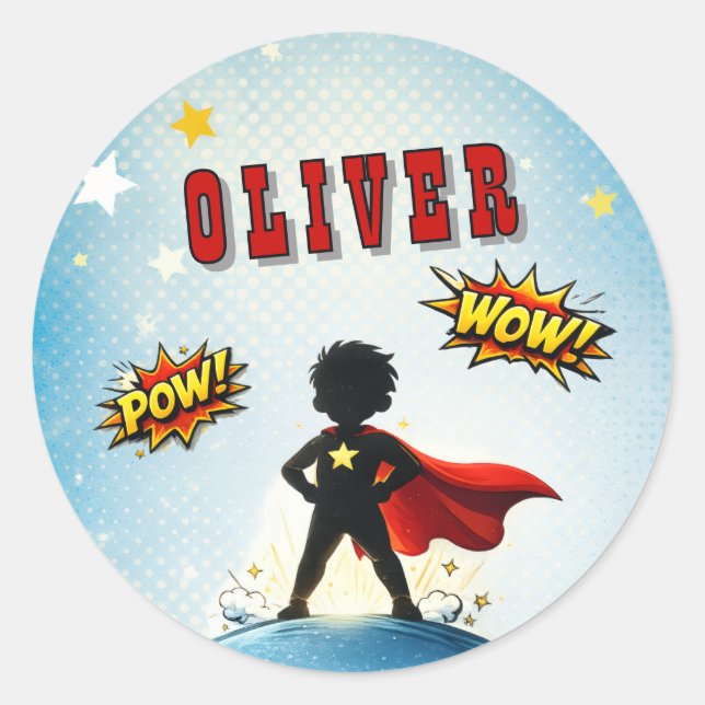 Comic Style Superhero Boy's Name Birthday Classic Round Sticker (Front)