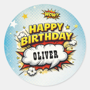 Comic Style Superhero Boy's Name Birthday  Classic Round Sticker