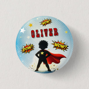 Comic Style Superhero Boy's Name Birthday Party 3 Cm Round Badge