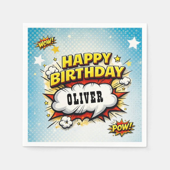 Comic Style Superhero Boy's Name Birthday Party  Napkin (Front)