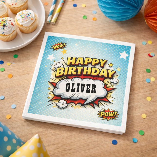 Comic Style Superhero Boy's Name Birthday Party  Napkin (Creator Uploaded)