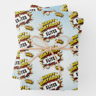 Comic Style Superhero Boy's Name Birthday  Wrapping Paper Sheet