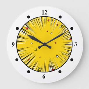 Comic Style Yellow Sunburst with Red Stars Large Clock