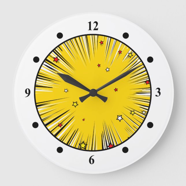 Comic Style Yellow Sunburst with Red Stars Large Clock (Front)