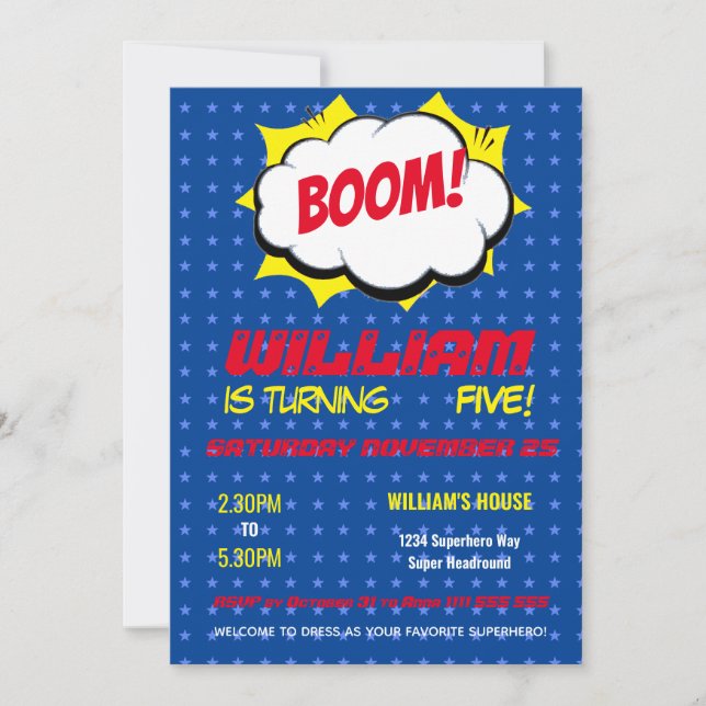 Comic Super Hero Blue Personalised Kids Birthday Invitation (Front)