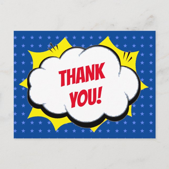 Comic Super Hero Blue Personalised Kids Thank You Postcard (Front)