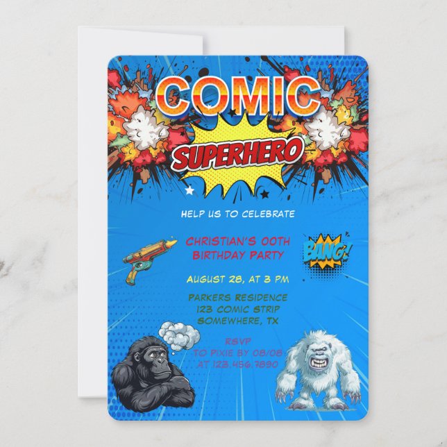 Comic Superhero Beast Blue 00th Birthday Party Invitation (Front)