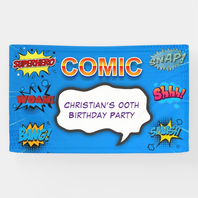 Comic Superhero Blue Kids Birthday Party Banner (Horizontal)