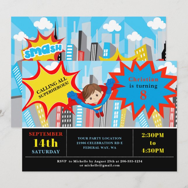 Comic Superhero Boy Birthday Party Invitation (Front/Back)