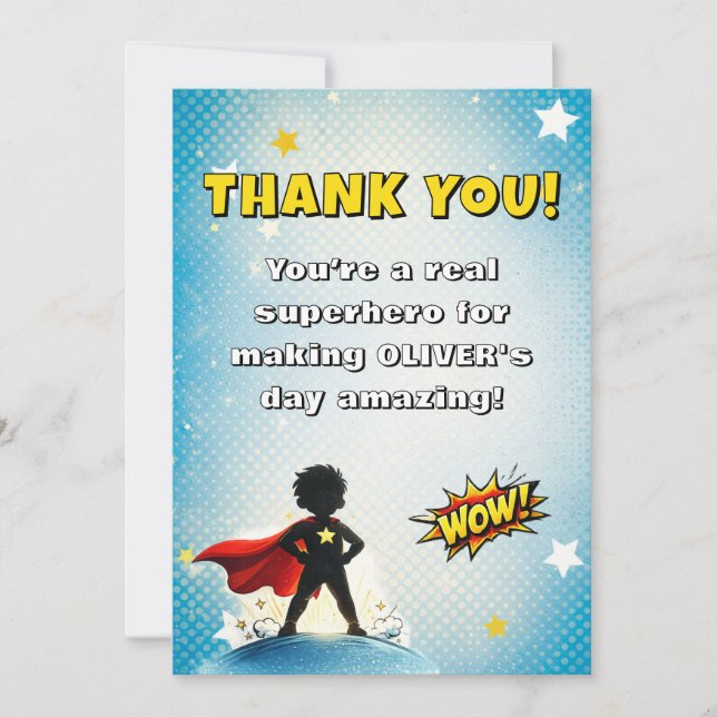 Comic Superhero Boy's Name Birthday Thank You Card (Front)