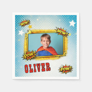 Comic Superhero Boy's Name Photo Birthday Party Napkin