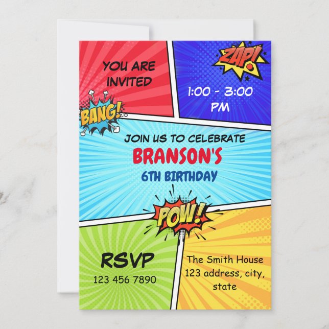 Comic theme birthday boy invitation (Front)