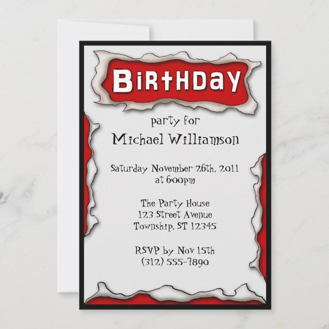 Comic Torn Paper Red Birthday Invitations (Front)