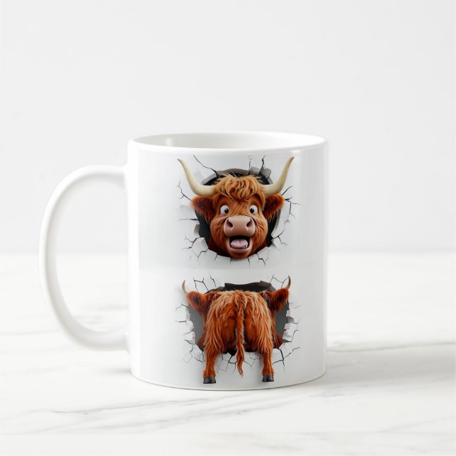 Comical 3D Highland Cattle Breaking wall Coffee Mug (Left)