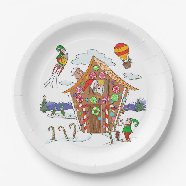 Comical Christmas Scene Santa Elves and Rudolph Paper Plate (Front)