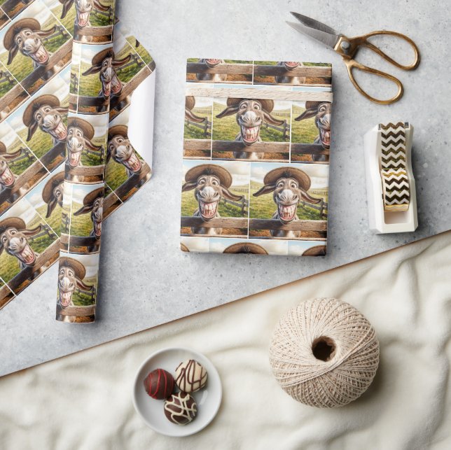 Comical Donkey Wearing a Straw Hat Wrapping Paper (Crafts)
