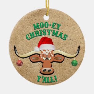 Comical Longhorn Steer Ceramic Tree Decoration