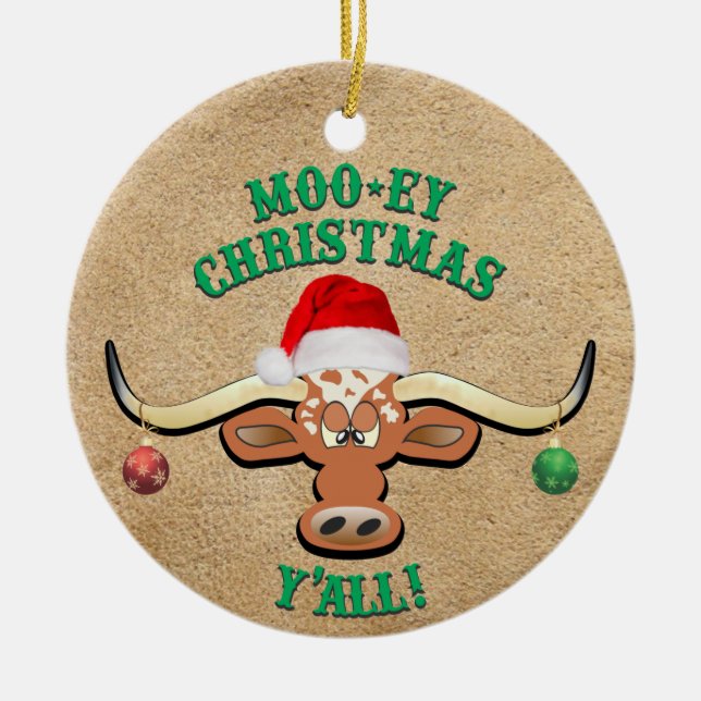Comical Longhorn Steer Ceramic Tree Decoration (Front)